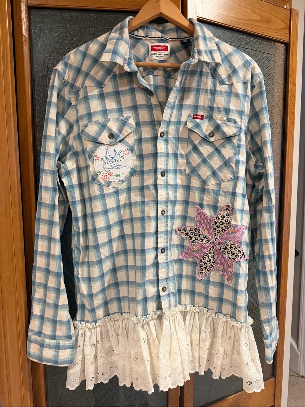 WranglerUp cycled Vintage Unique Handmade Western Lace Embroidered Blouse Large